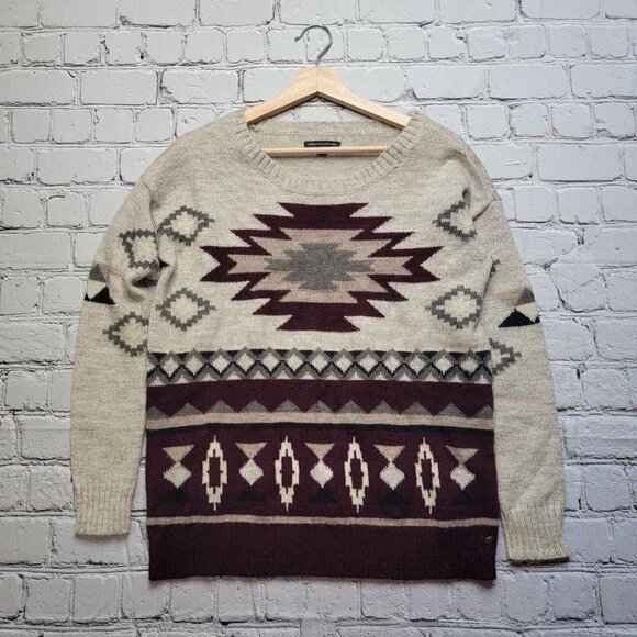AEO American Eagle Outfitters Wool Blend Brown Tribal Pattern Knit Sweater Sz S - Picture 1 of 12